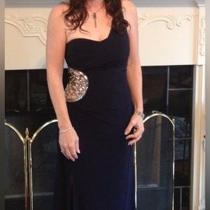 B. Darlin 7/8 navy cold shoulder formal dress.